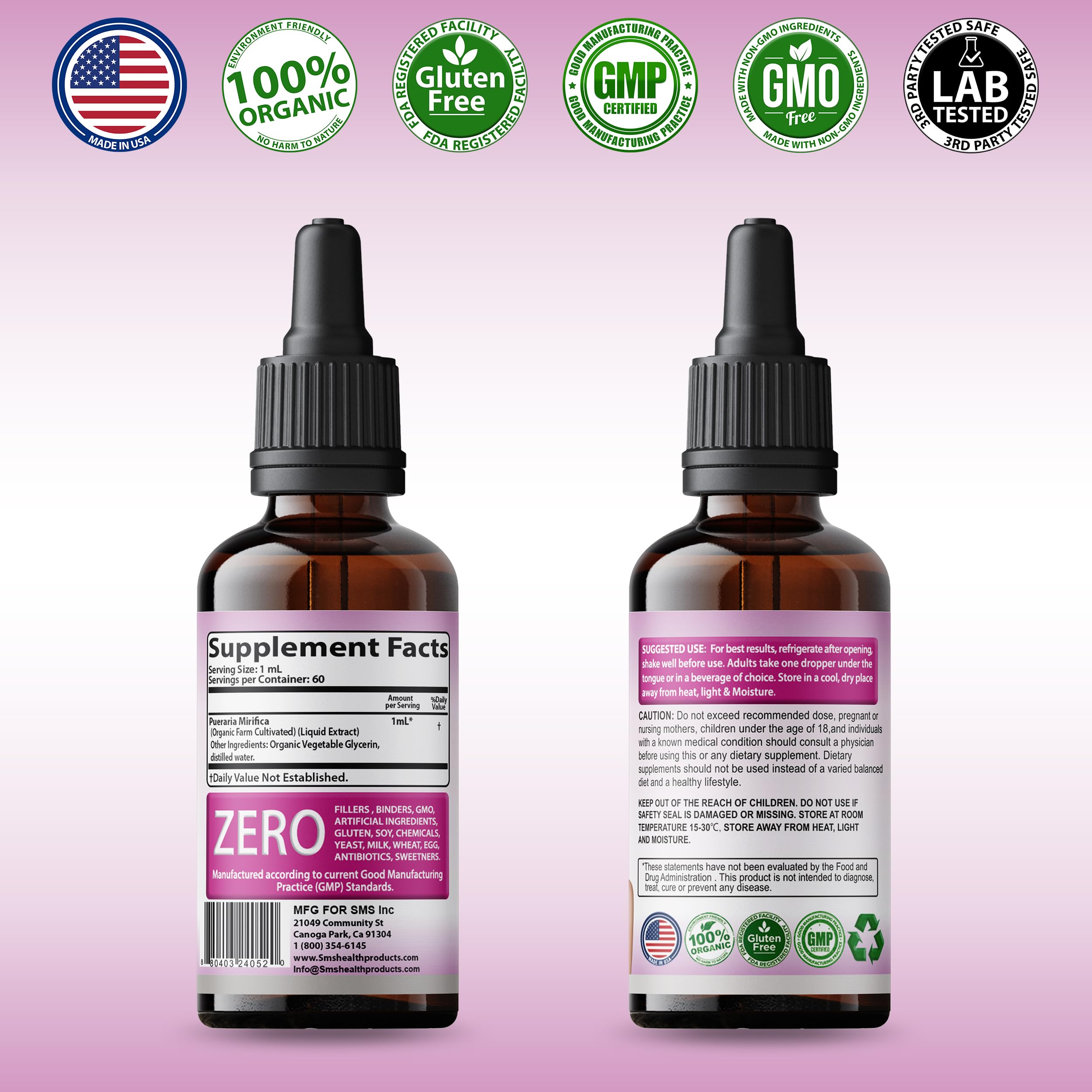 SMSHEALTHPRODUCTS Pueraria Mirifica Drops packaging side view; compact design.