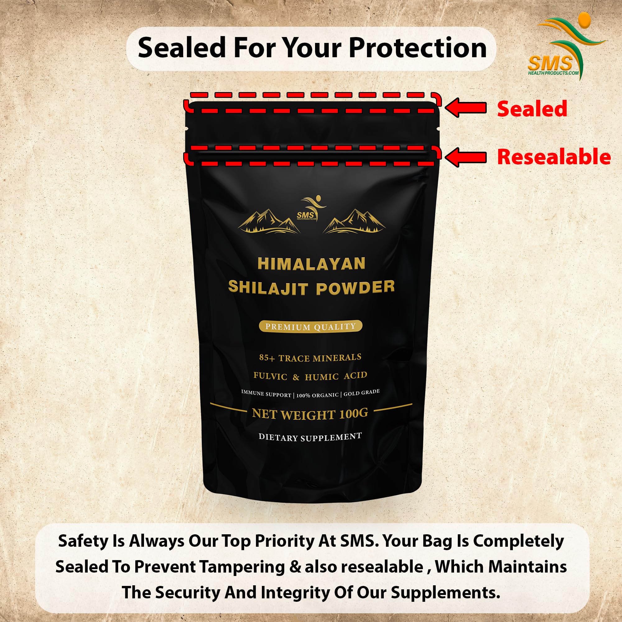 Lab-tested purity badge for SMSHEALTHPRODUCTS Shilajit powder minerals