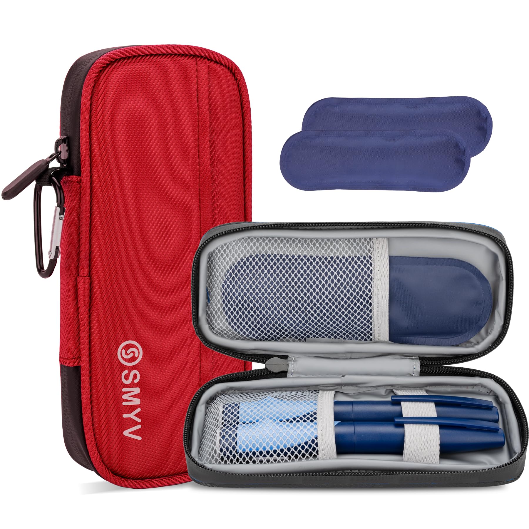 Estuche SMYV para insulina en viaje, compacto y color rojo.