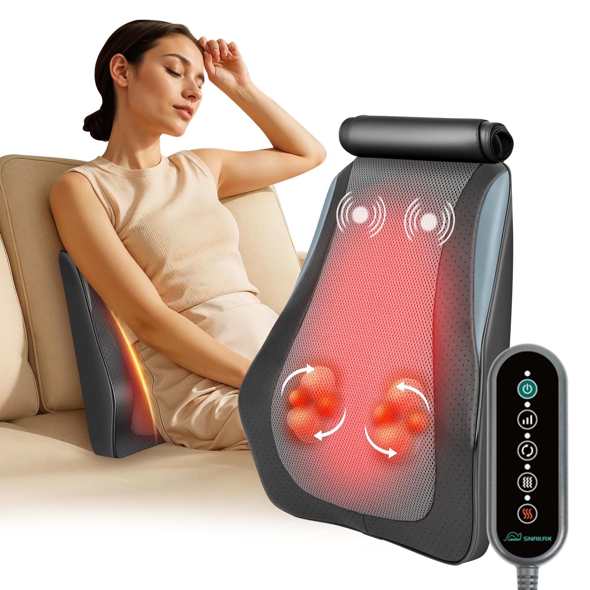 Snailax back massager with heat delivering deep tissue kneading on a chair.