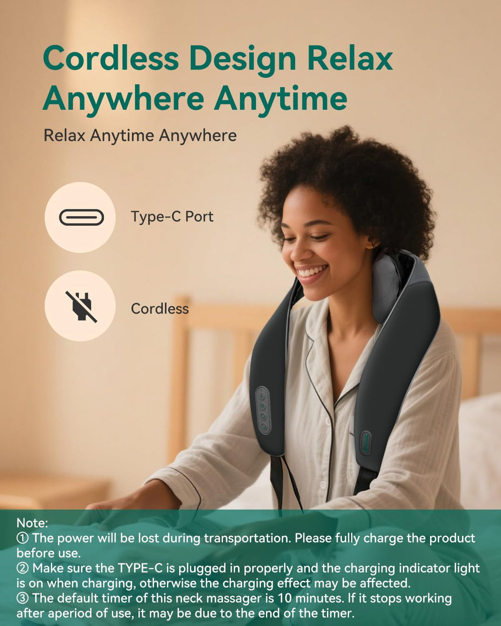 Snailax cordless massager with 10 sessions per charge for portable relaxation.