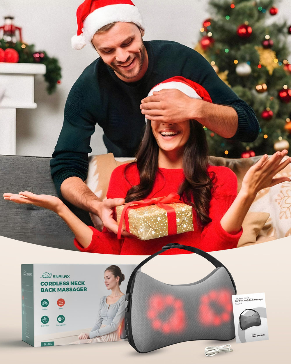 Snailax cordless pillow massager shown for upper and lower back relief