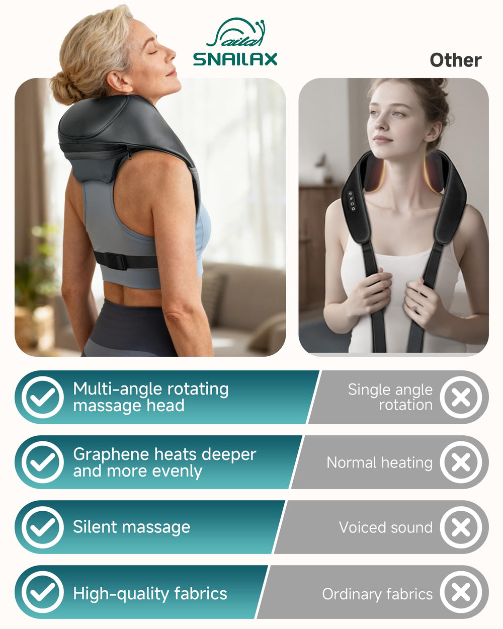 Snailax dual mode handheld or back mounted massage design
