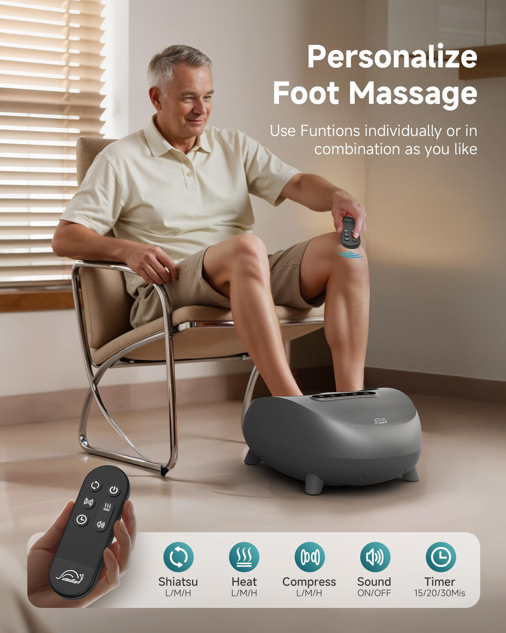 Snailax foot massager remote control for easy operation while seated.