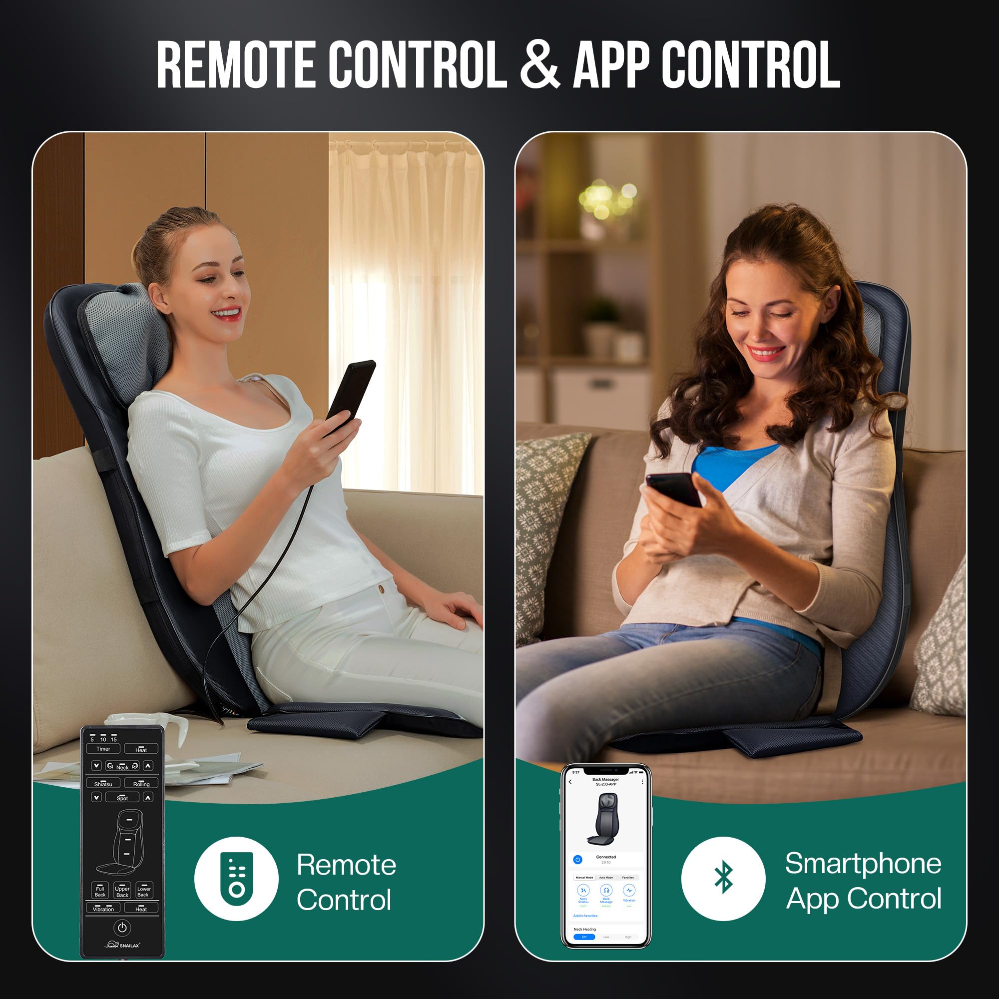 Snailax Full Back Massage Chair Pad shown on a couch for comprehensive back care.
