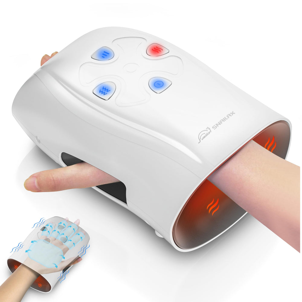 Snailax hand massager with heat control panel showing adjustable settings for comfort