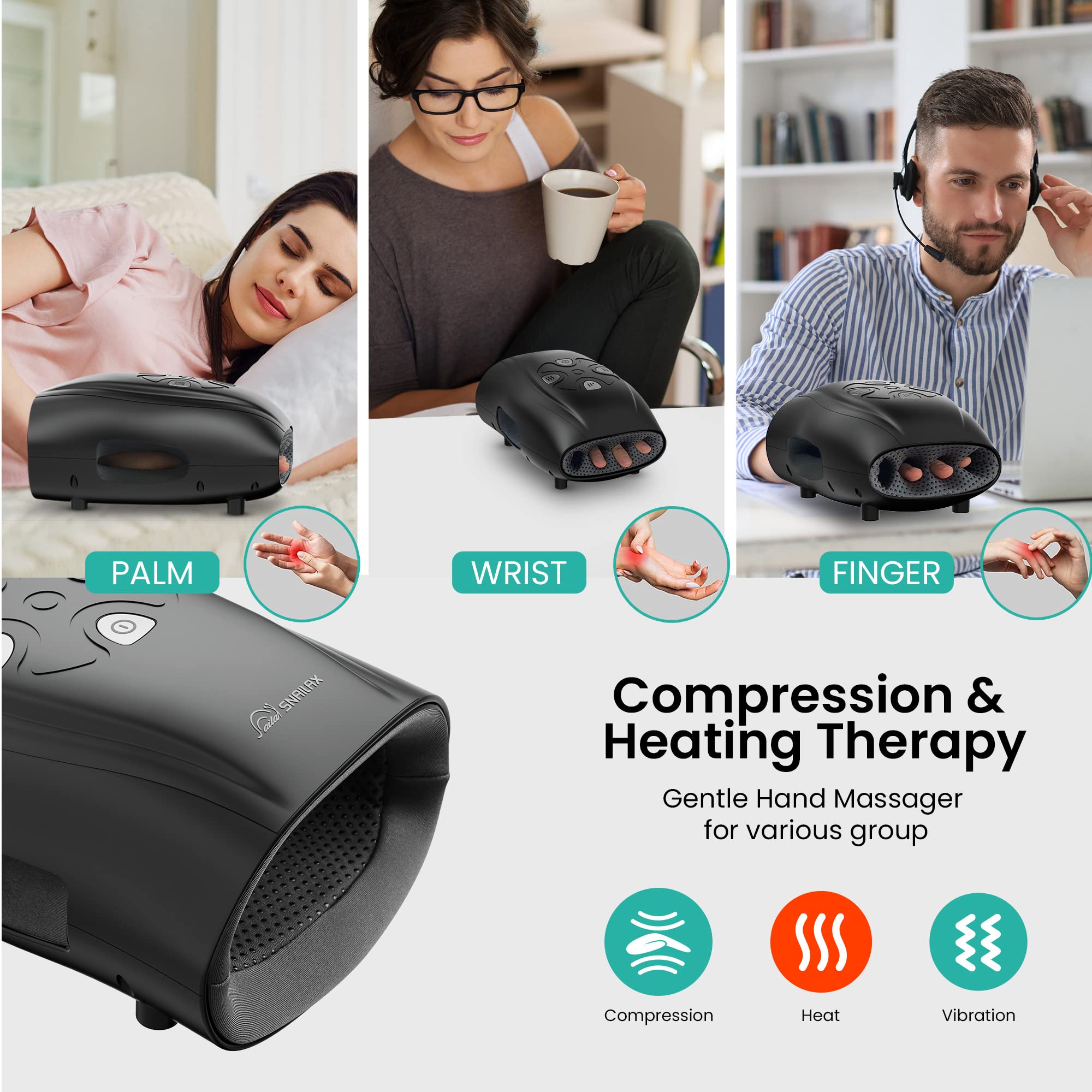 Snailax massager in use on left hand shows ergonomic open design