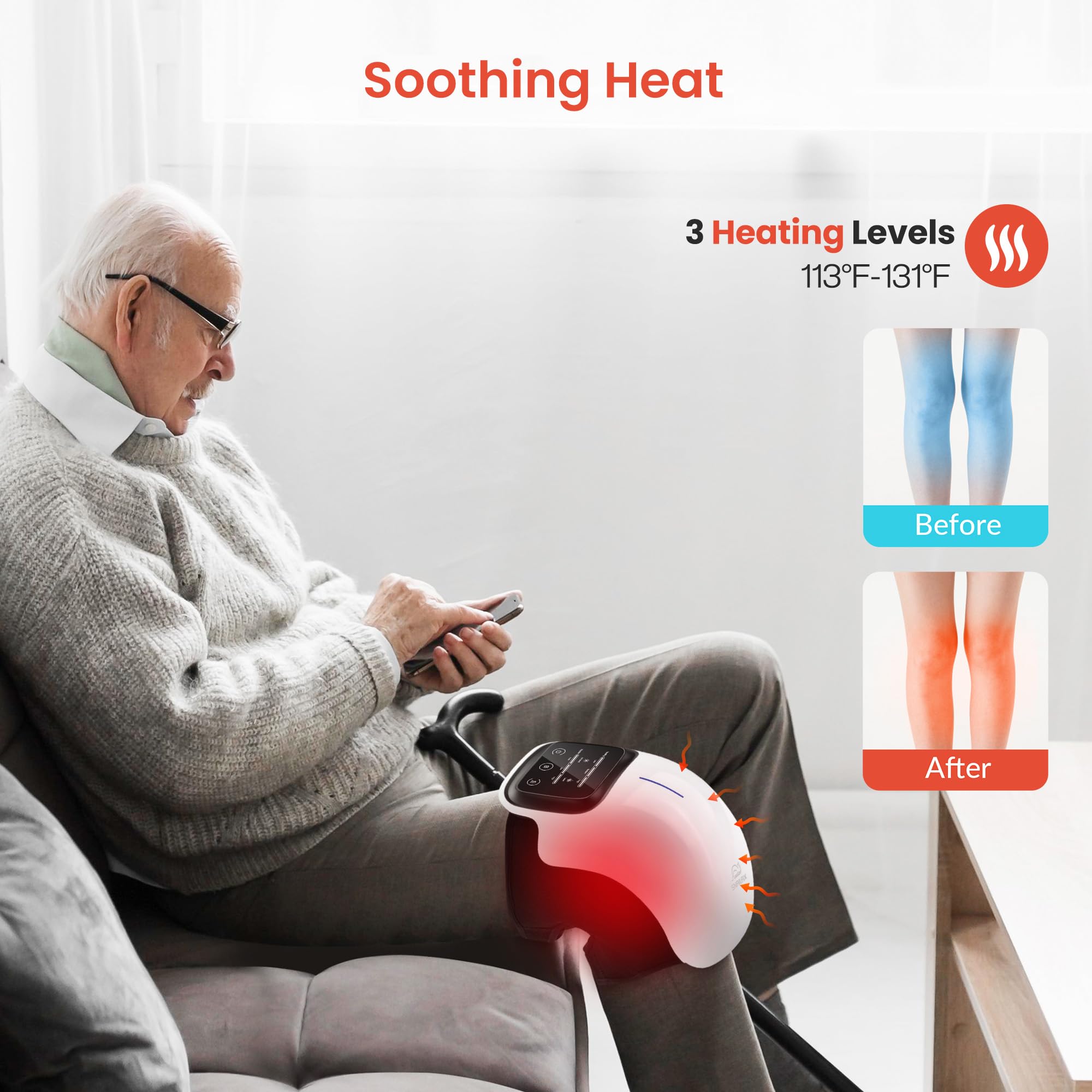 Snailax knee massager shows three vibration modes for customizable comfort.