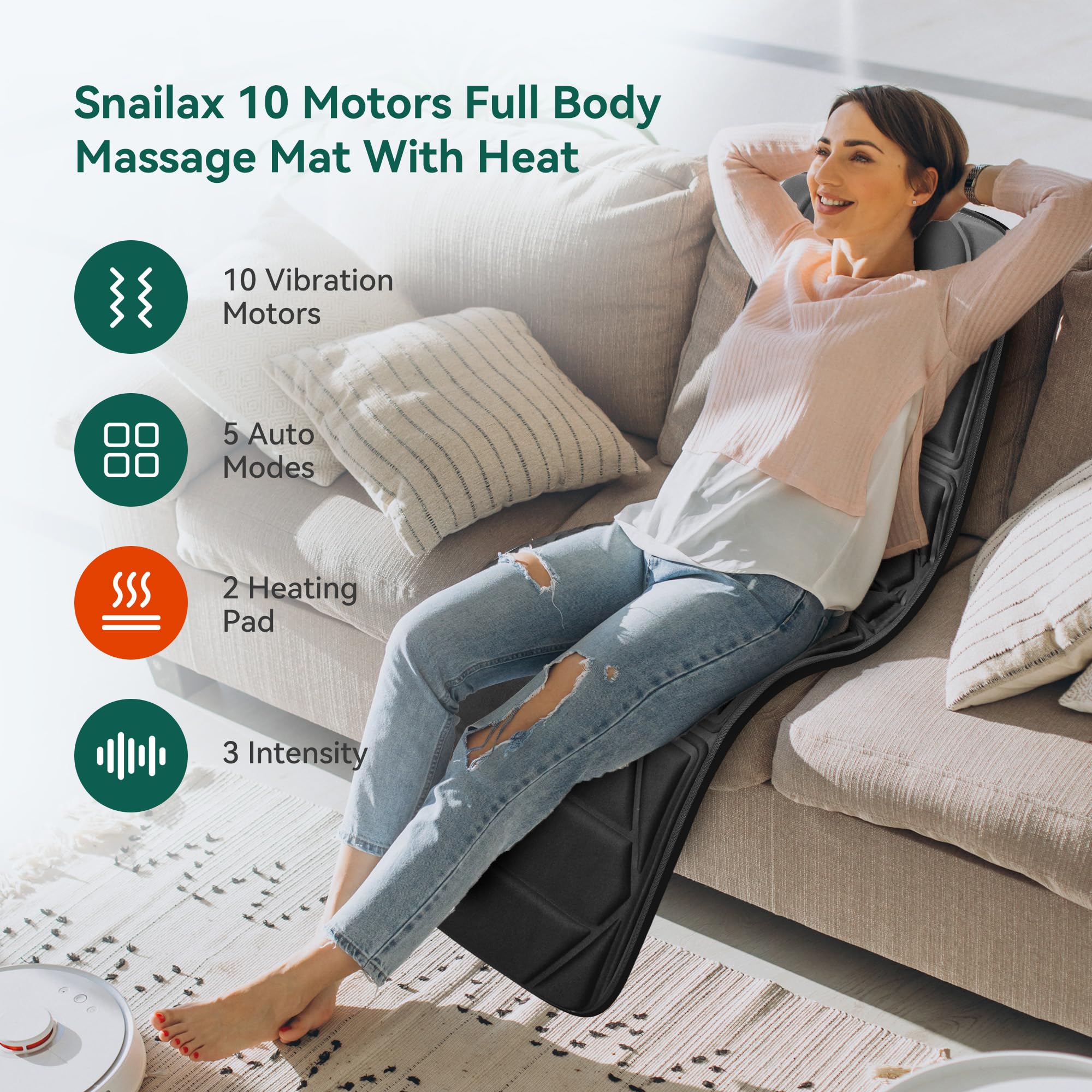 Snailax heat pads provide soothing warmth to the back while seated on a sofa.