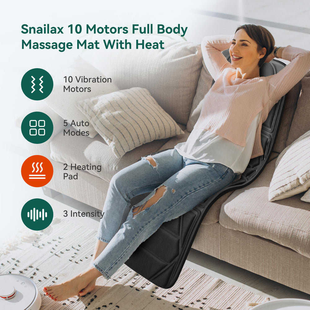 Snailax heat pads provide soothing warmth to the back while seated on a sofa.