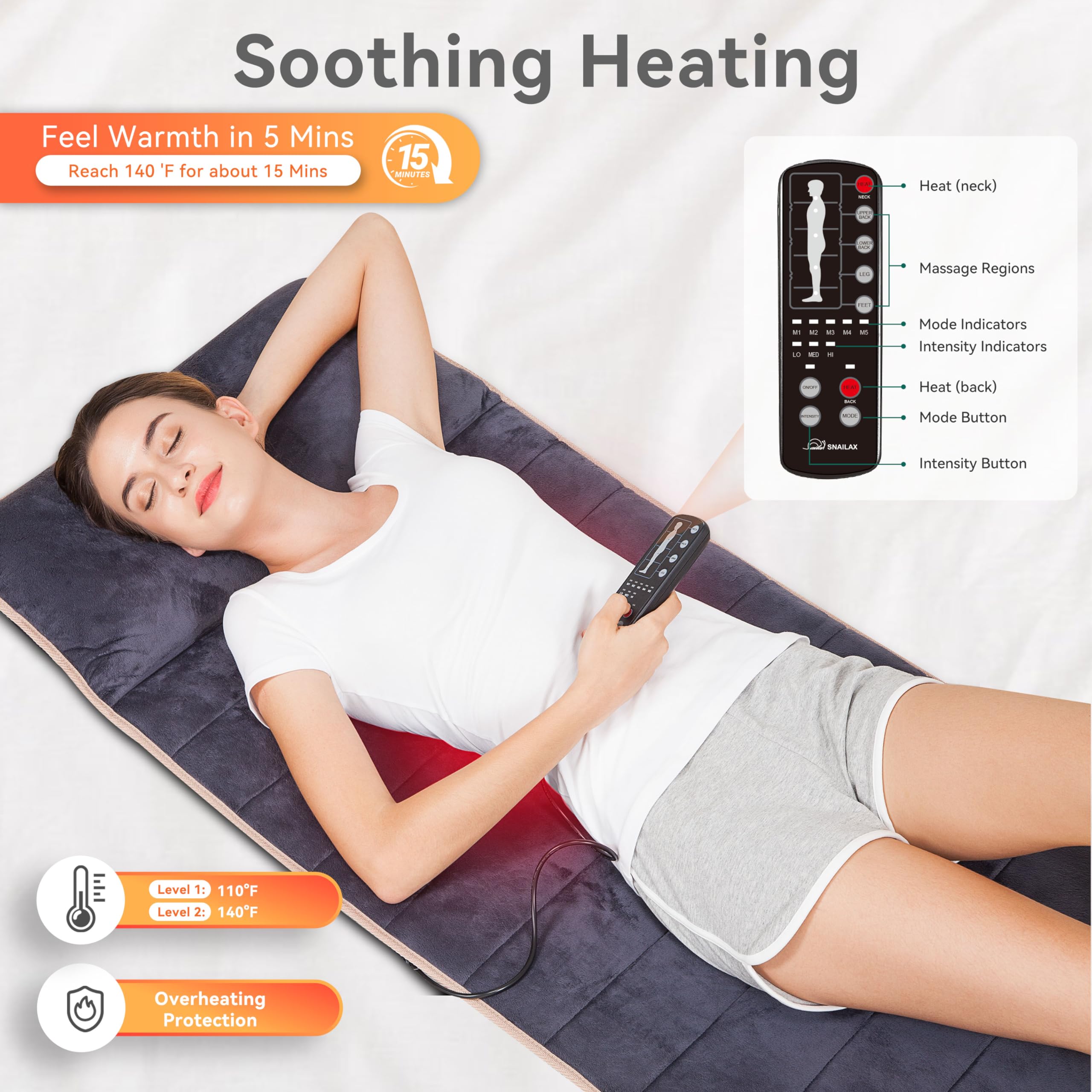 Snailax memory foam massage mat back heat zone provides comforting warmth