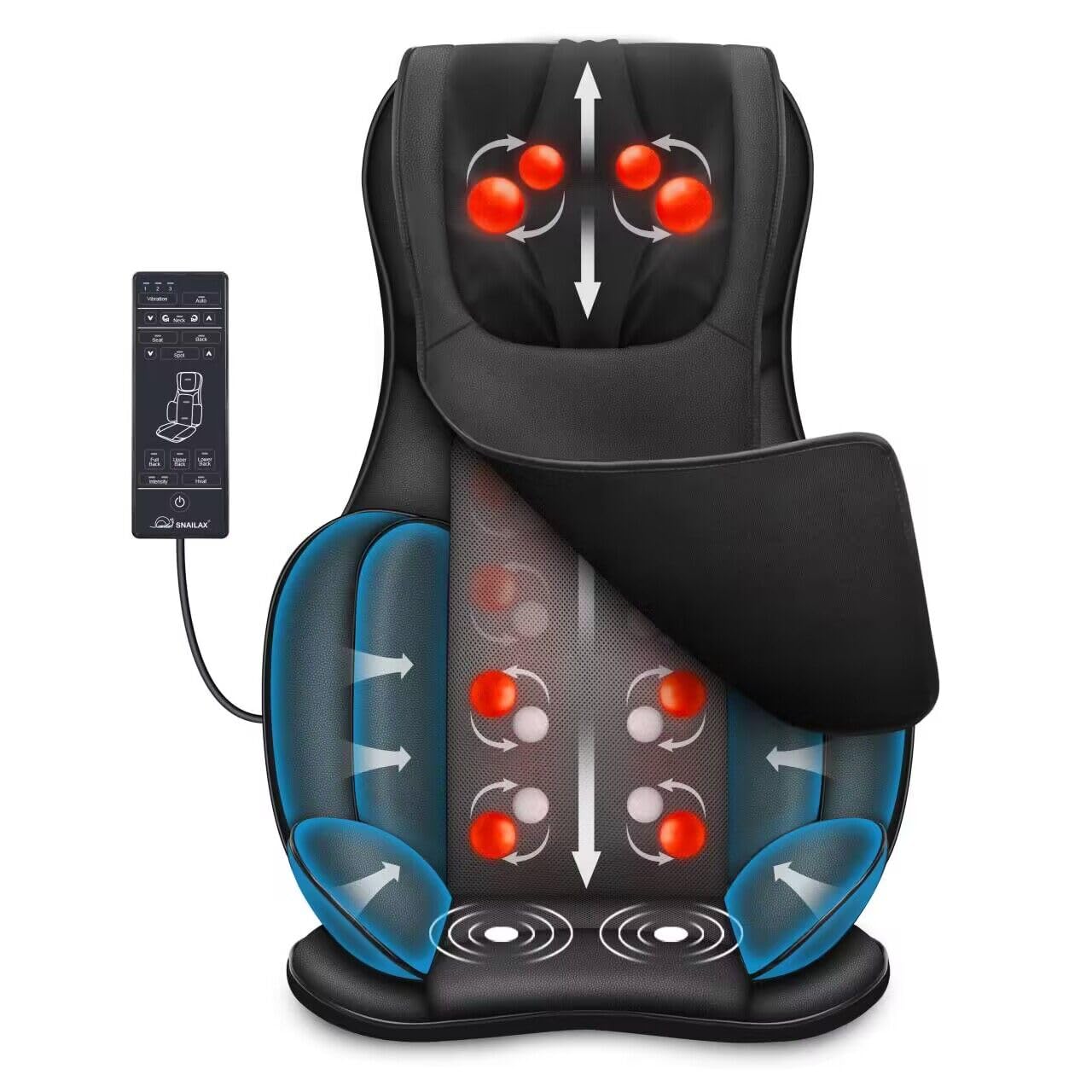 Snailax neck back massager with heat closeup showing adjustable neck rollers for tailored relief