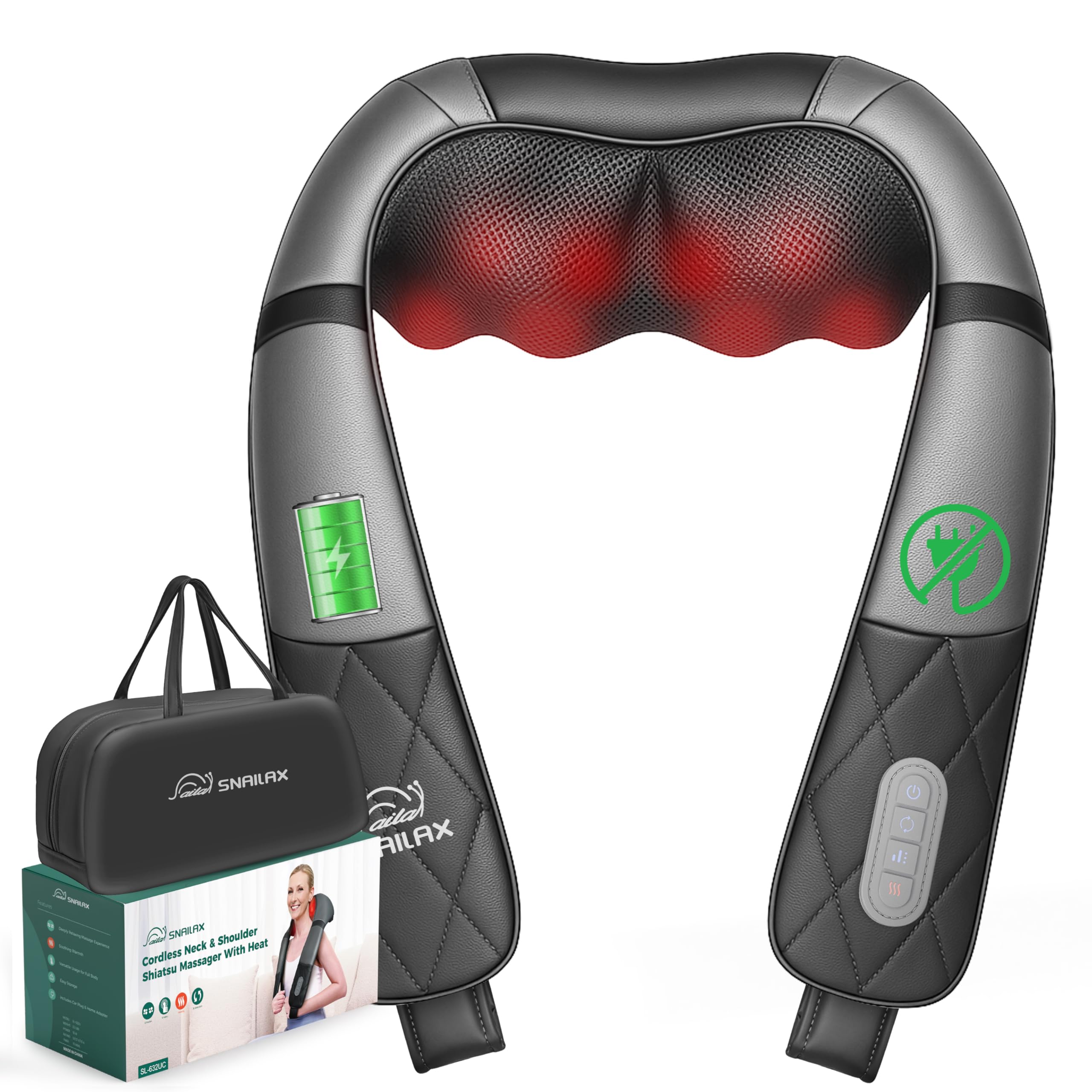 Snailax rechargeable neck massager shown ready for cordless relaxation.