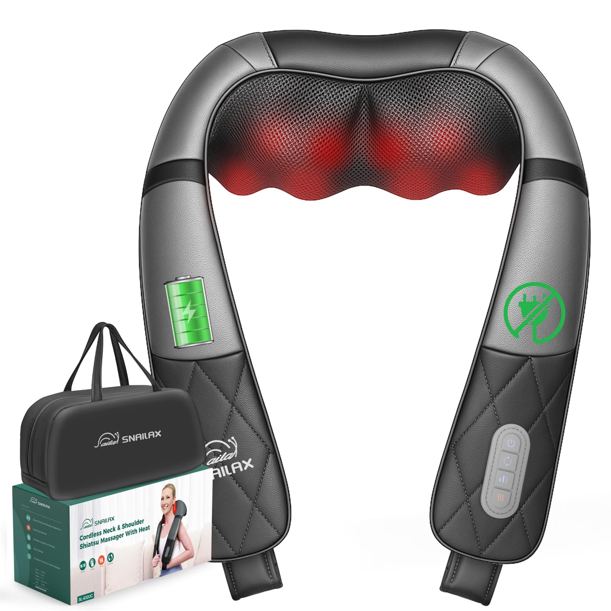 Snailax rechargeable neck massager shown ready for cordless relaxation.