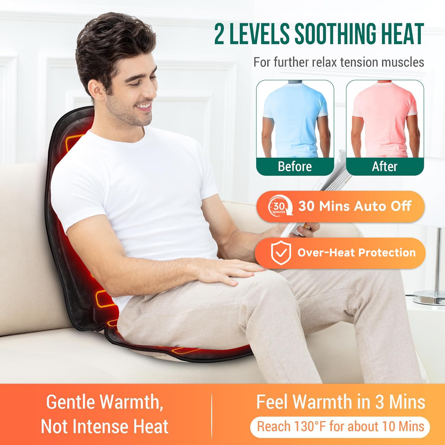 Snailax seat massager heat on highlights warm comfort for back and seat.