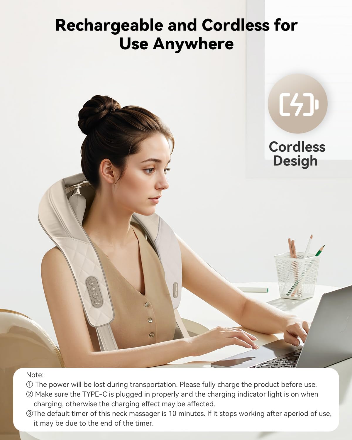 USB-C charging powers the Snailax neck massager for travel use.
