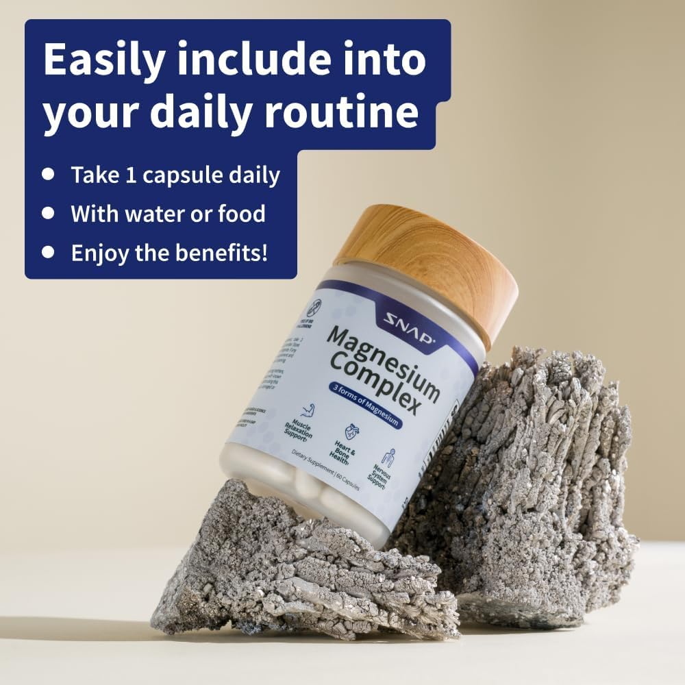 Snap Supplements 3-in-1 Magnesium bottle with glass of water for daily intake.