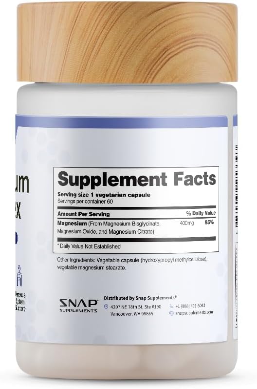 Snap Supplements 3-in-1 Magnesium capsules aligned, signaling reliable daily use.