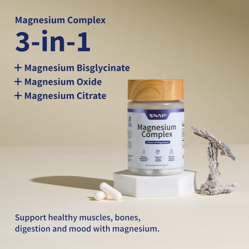 Snap Supplements 3-in-1 Magnesium Capsules closeup highlighting bisglycinate form for gentle support.