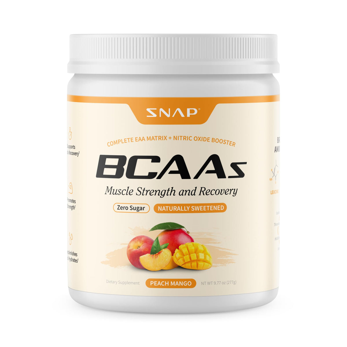 Snap Supplements BCaa Powder bottle shows plant-based formula for workouts