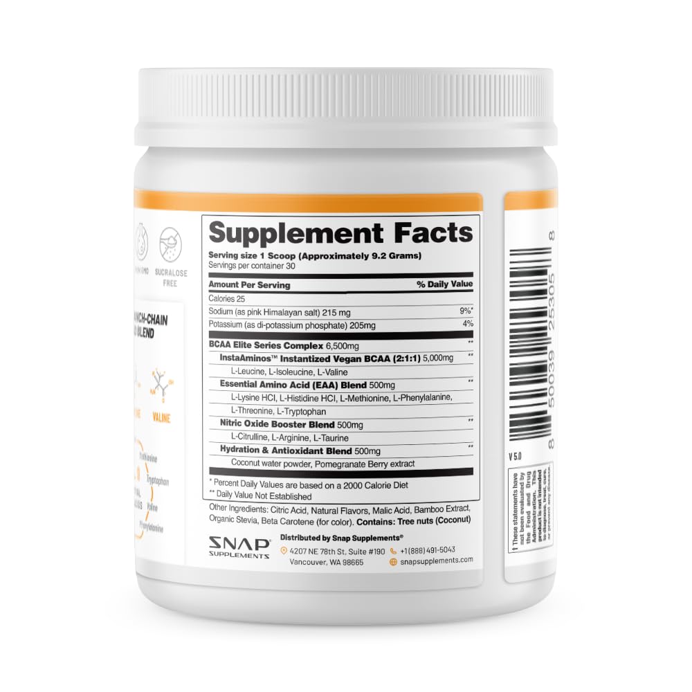 Snap Supplements BCaa Powder ingredients snapshot highlights essential amino acids