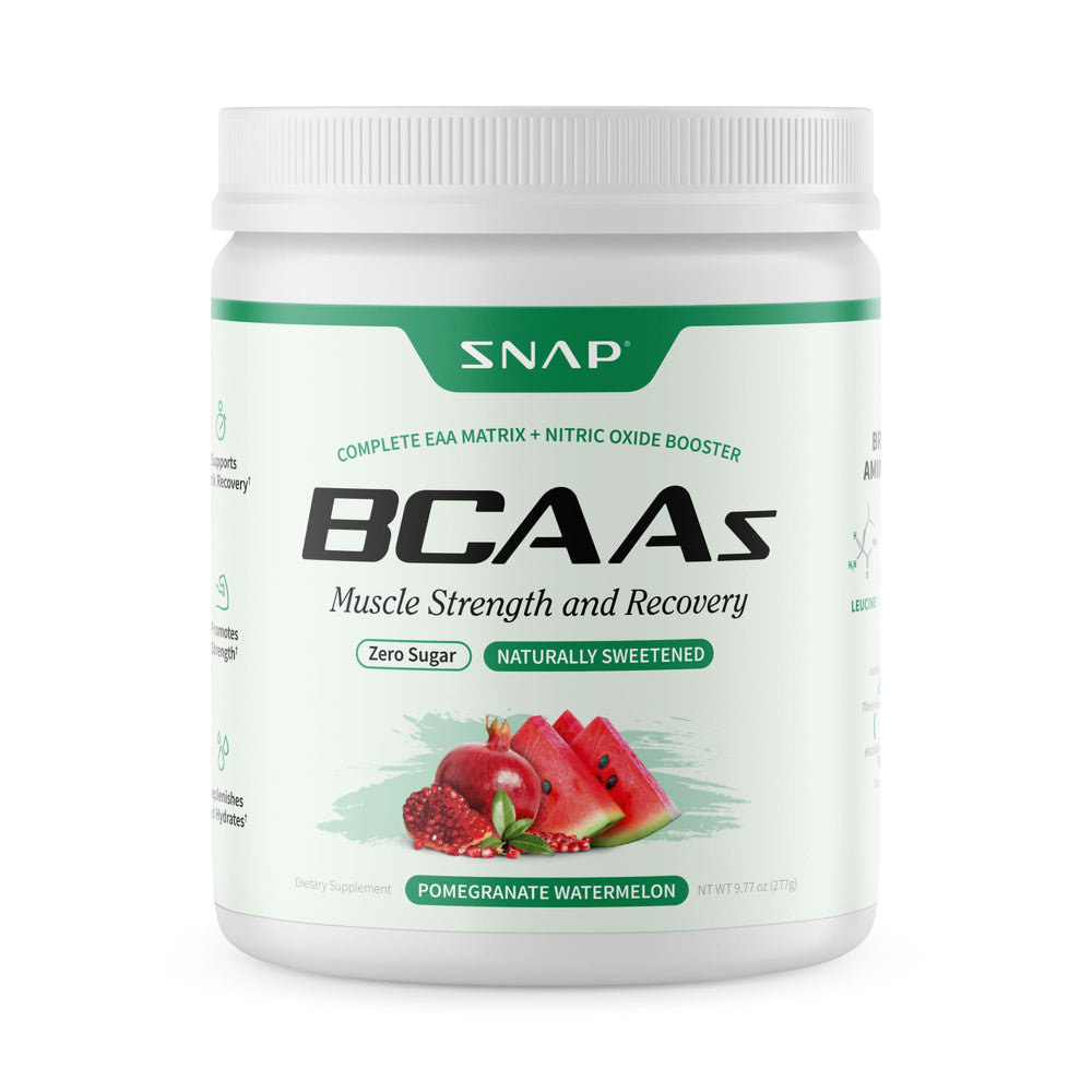 Snap BCAA Powder bottle-front shows watermelon flavor for pre-workout energy and recovery