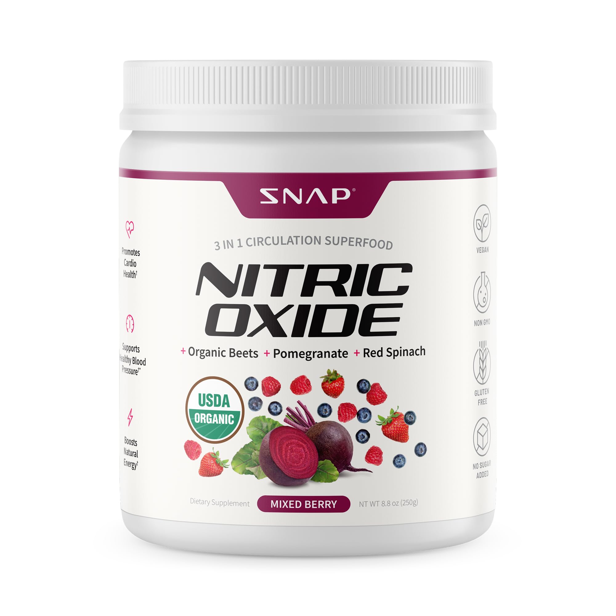 Snap Supplements beet root powder bottle closeup highlights organic content for natural energy