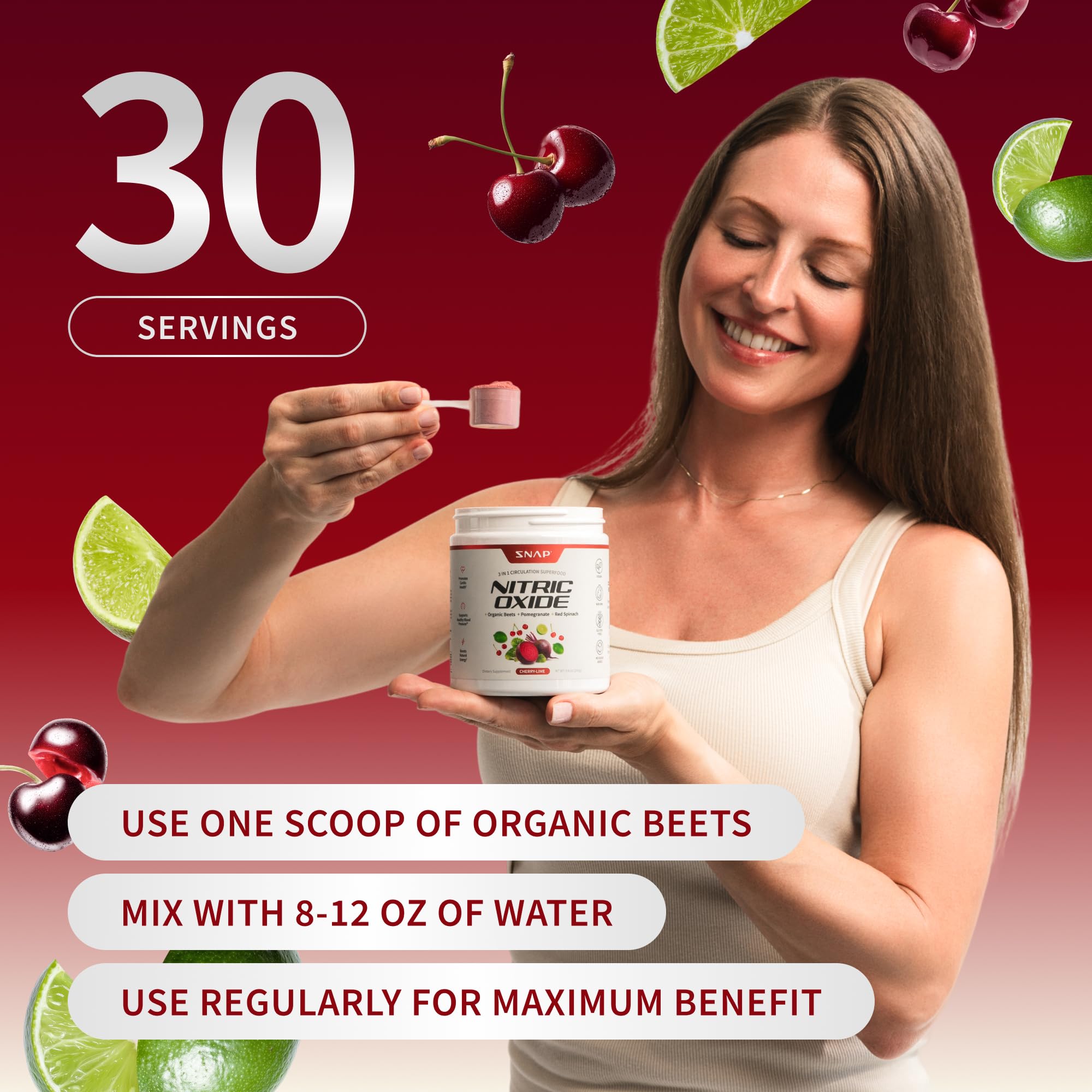 Snap Supplements beet root powder with pomegranate visuals for antioxidant support