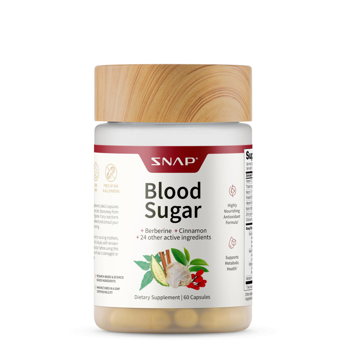 Snap Supplements Blood Sugar Blend bottle with label for daily energy support.