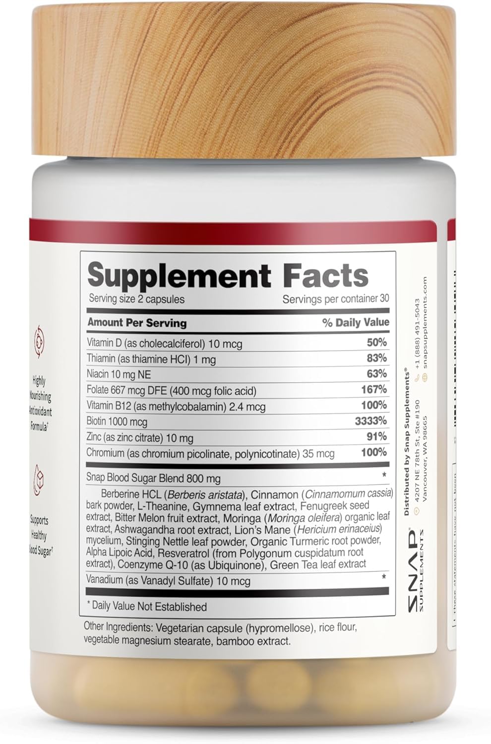 Capsule closeup from Snap Supplements Blood Sugar Blend highlighting vegan ingredients.