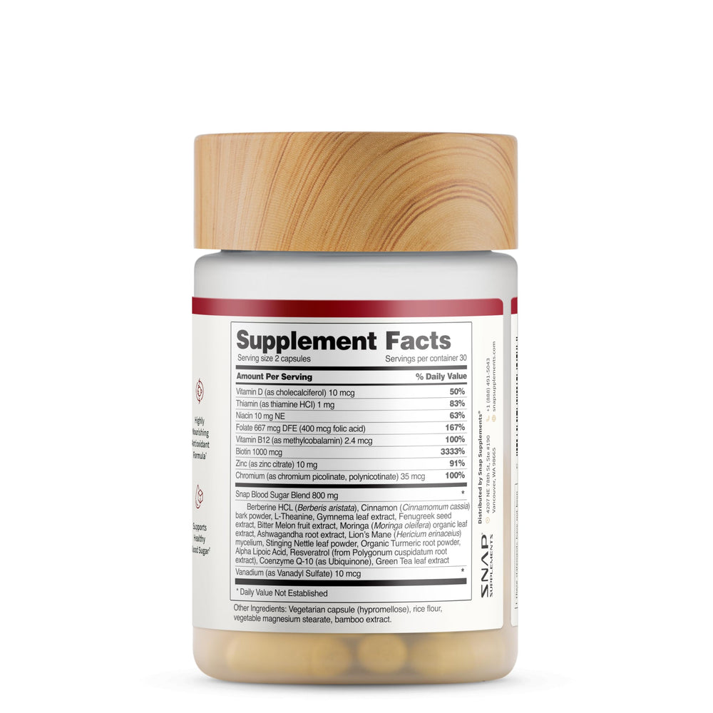 Packaging display of Snap Supplements Blood Sugar Blend