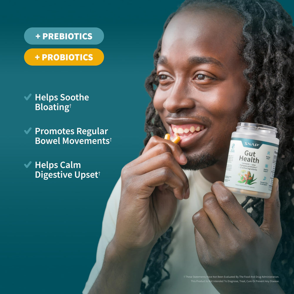 Snap Supplements bottle with scoop showing prebiotics and enzymes for gut health