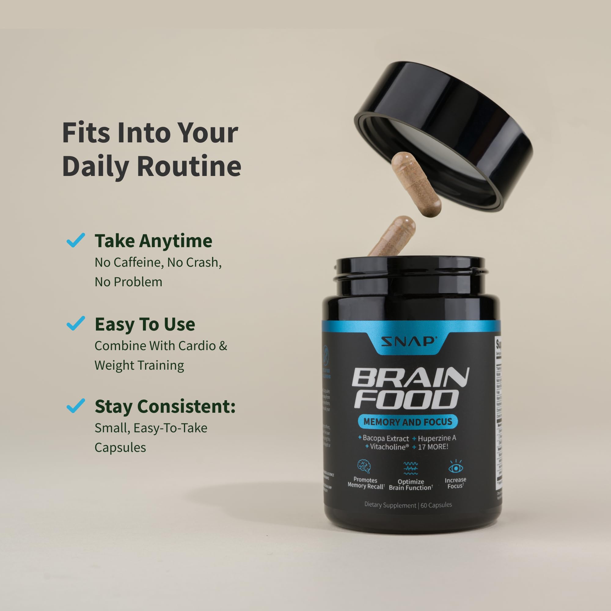 Snap Supplements Brain Booster desk setup with notebook for study and work focus