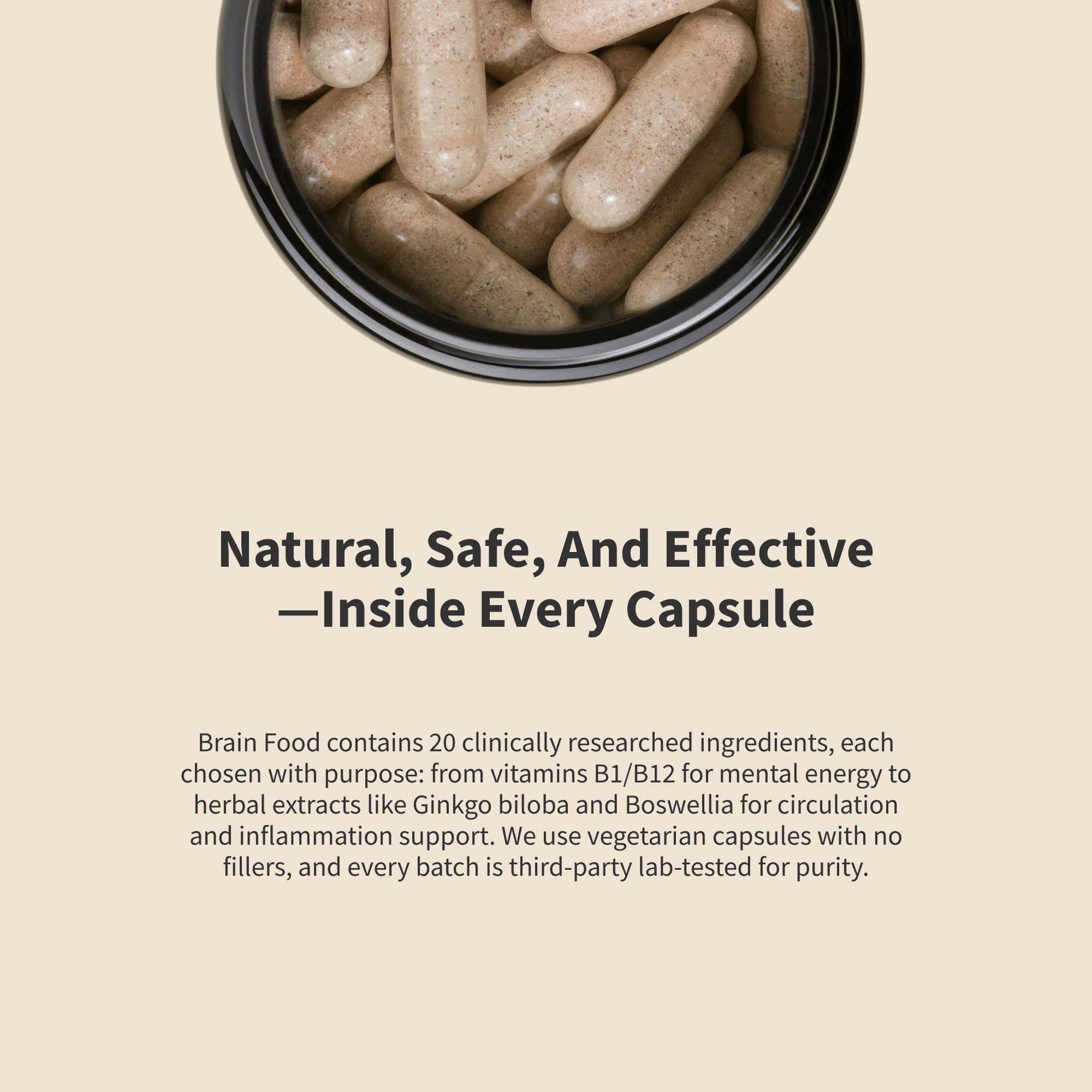 Snap Supplements Brain Booster pour action showing easy-to-take capsules