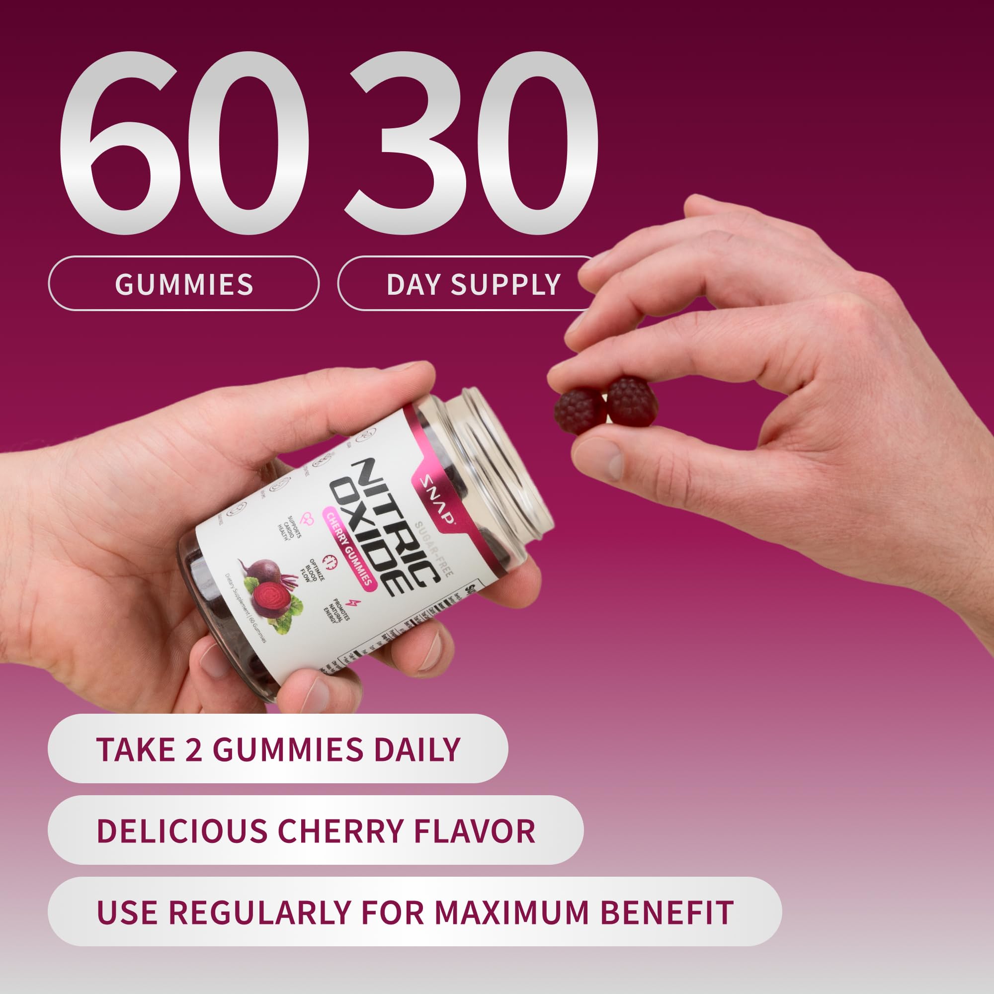 Snap Supplements Cherry-flavored gummies bottle on table suggesting tasty daily ritual