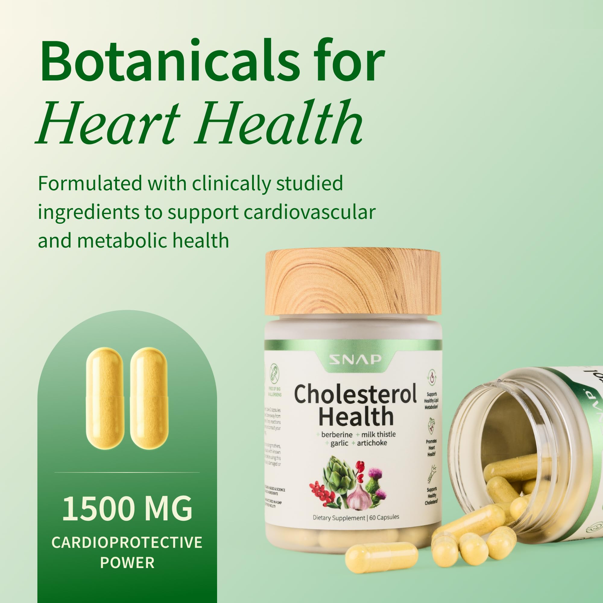Snap Supplements Cholesterol Health capsules ready for everyday use.