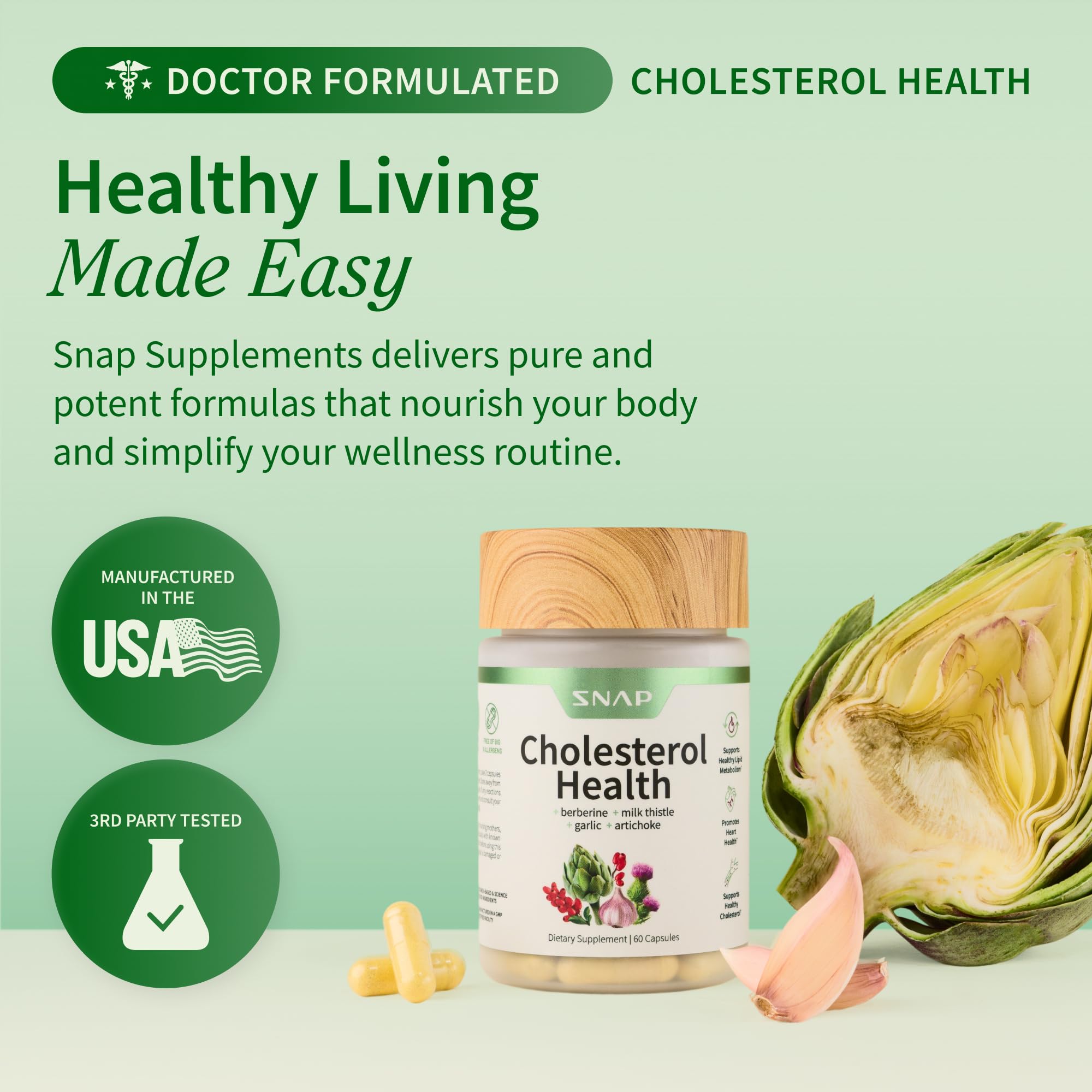 Snap Supplements Cholesterol Health bottle shown for daily use at home.