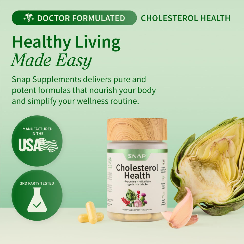 Snap Supplements Cholesterol Health bottle shown for daily use at home.