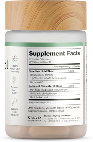 Snap Supplements Cholesterol Health nutrition label highlights allergen-free features.
