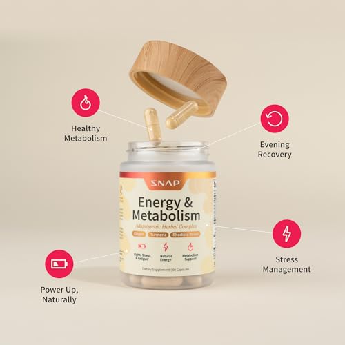 Snap Supplements Energy and Metabolism Herbal Complex capsules on tray for easy daily use.