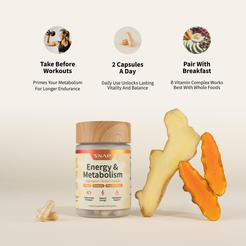 Snap Supplements Energy and Metabolism Herbal Complex herbal blend with ginger turmeric rhodiola.