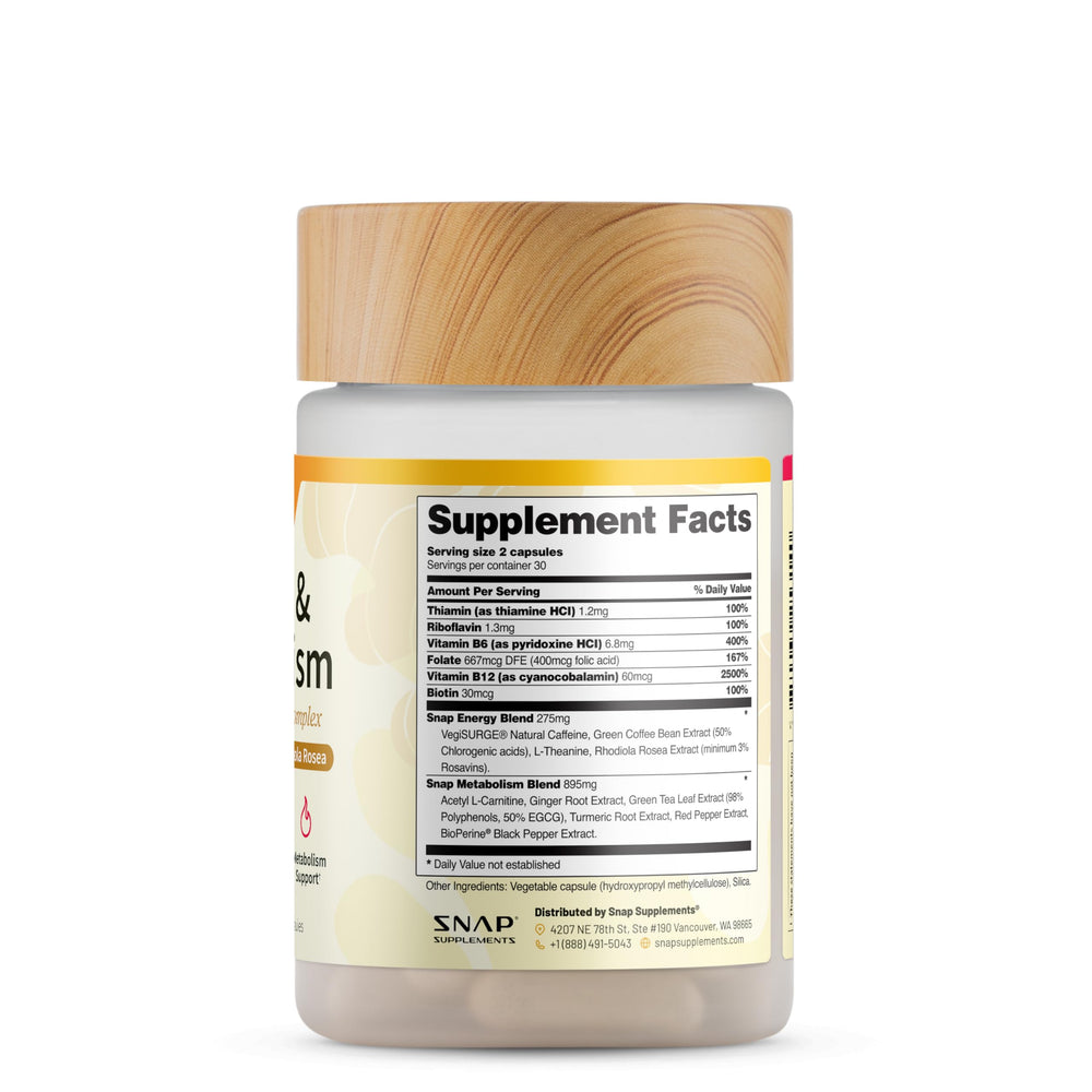 Snap Supplements Energy and Metabolism Herbal Complex sixty capsules packaging detail.