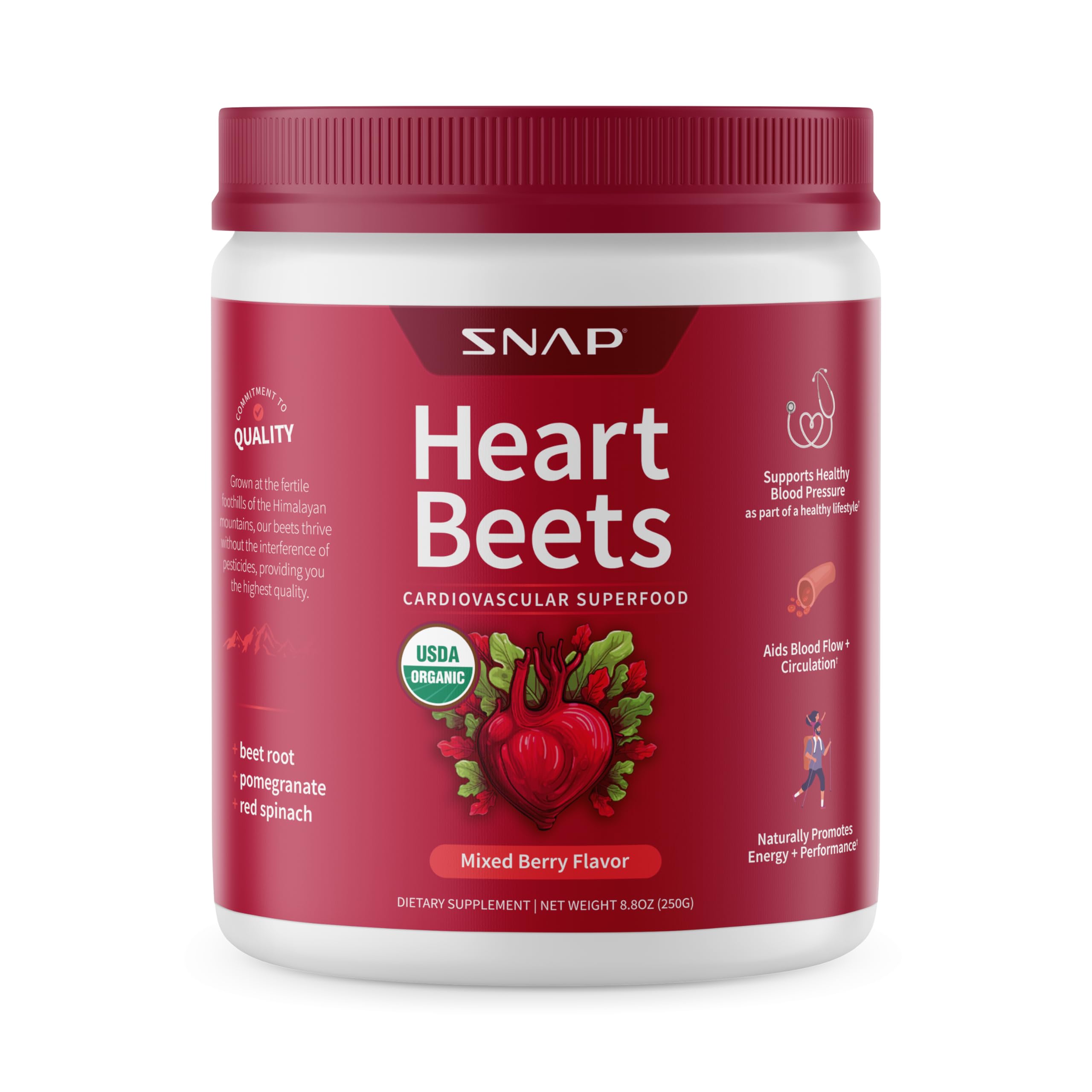 Snap Supplements Heart Beet Powder bottle with beetroot and berries suggesting circulation support