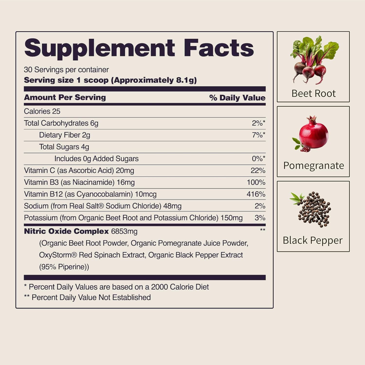 Snap Supplements Heart Beet Powder ingredients panel indicating vegan and allergen-free features