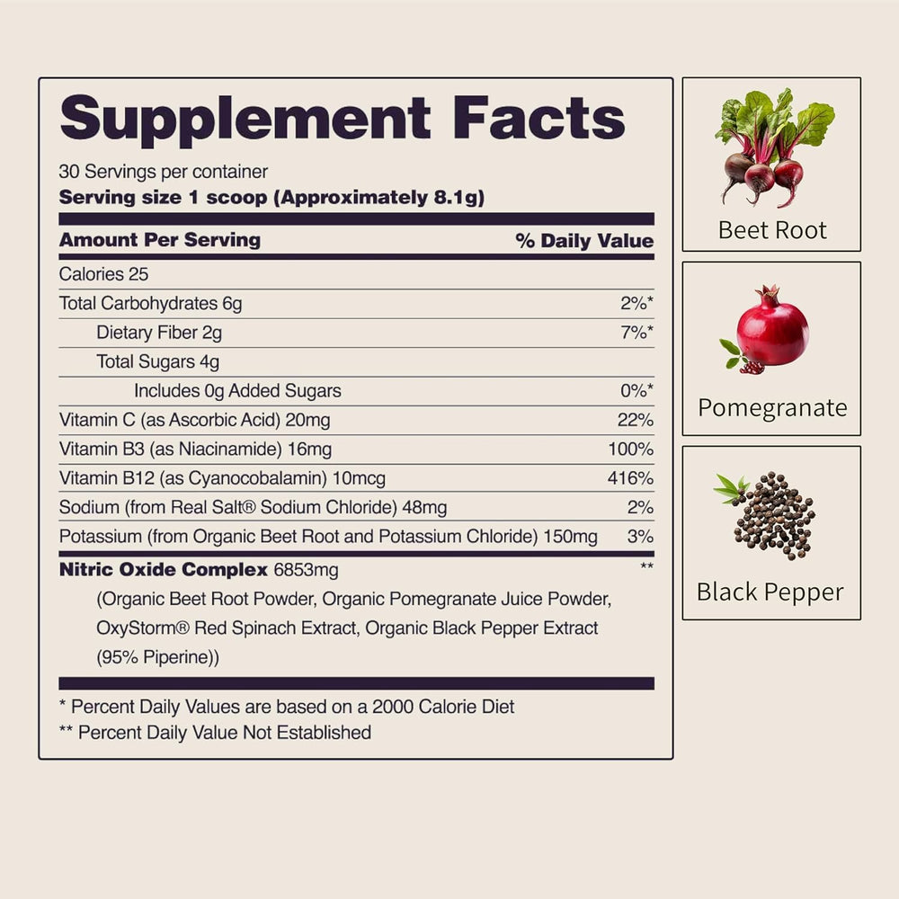 Snap Supplements Heart Beet Powder ingredients panel indicating vegan and allergen-free features