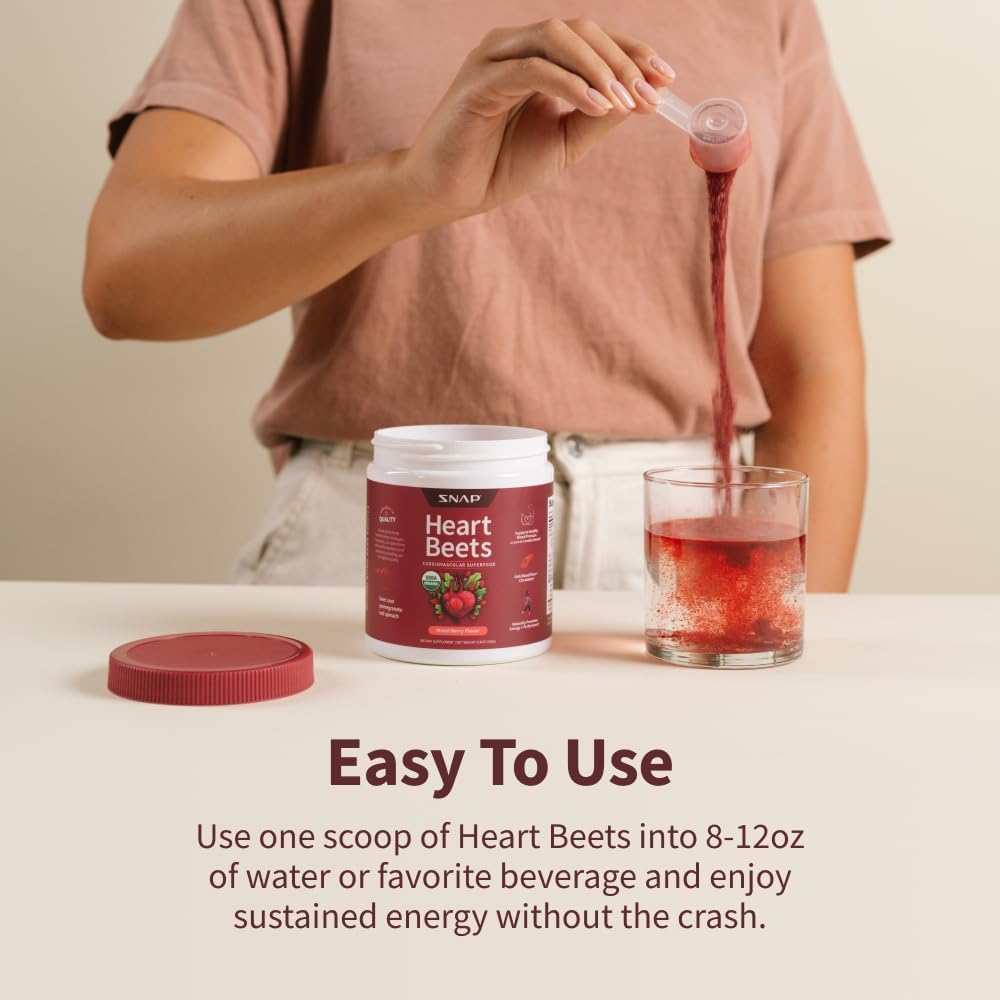 Snap Supplements Heart Beet Powder with pomegranate imagery highlighting antioxidant ingredients