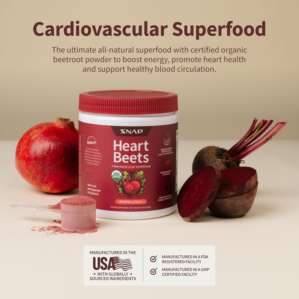 Snap Supplements Heart Beet Powder red spinach leaf beside container for plant-based nutrition
