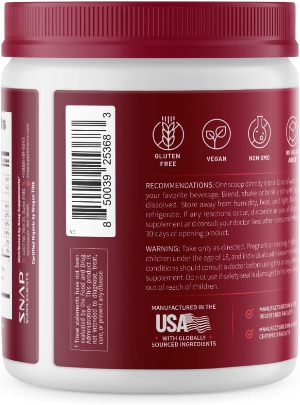 Snap Supplements Heart Beet Powder USA label on bottle signaling quality manufacturing