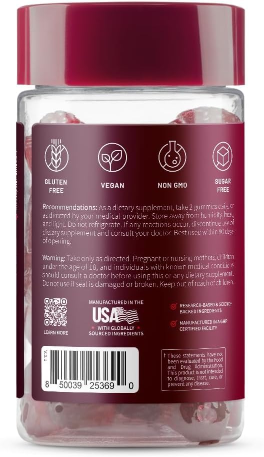 Gummy bottle pouring smooth cherry flavored gummies for daily ritual.