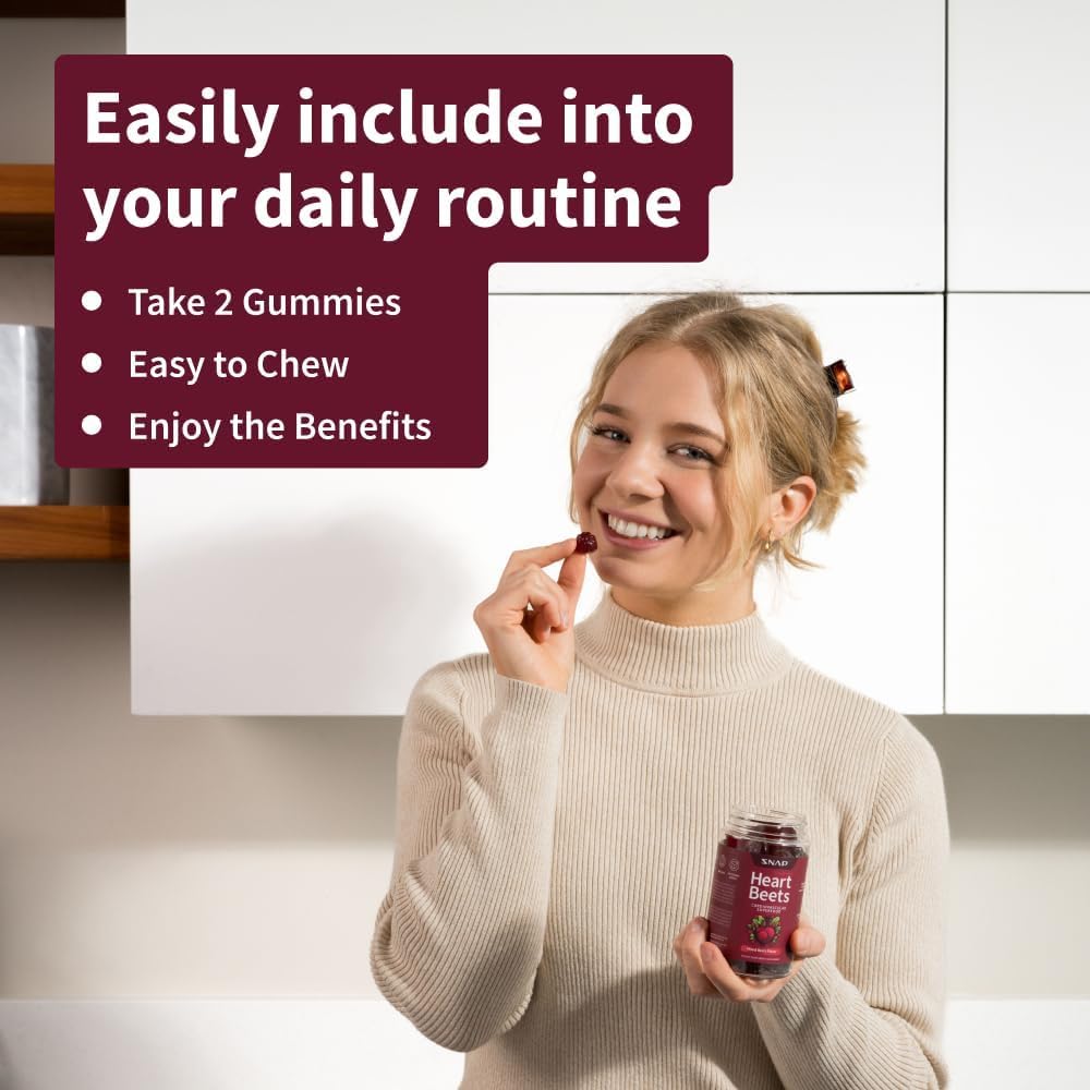 Heart Beets daily-use gummies shown beside a clock for on-the-go routine.